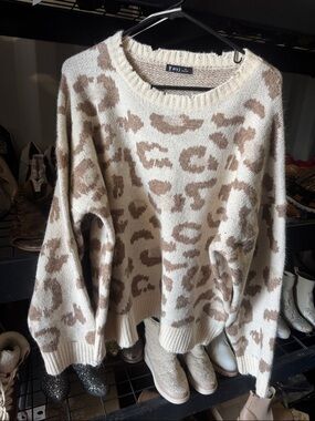 Very J Cream and Brown Leopard Print Crewneck Sweater